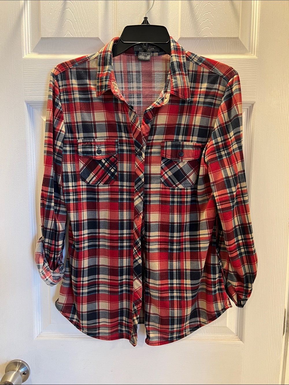 Suzy Shier Red Navy Cream Plaid Button-Up Shirt